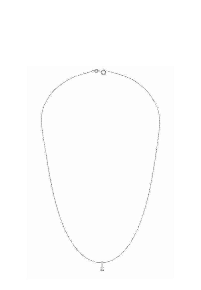 Sudraba kaklarota ar plānu, smalku dizainu, ar nelielu kvadrātveida piekariņu, kurā centrā atrodas caurspīdīgs akmens.