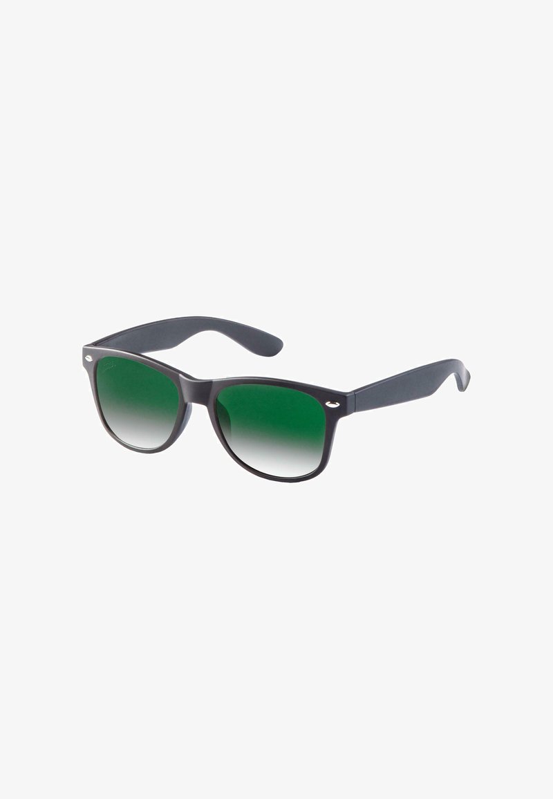 Ochelari de soare din plastic negru cu lentile verzi cu gradient, formă rotundă și brațe elegante. Prezintă accente metalice lângă lentile.