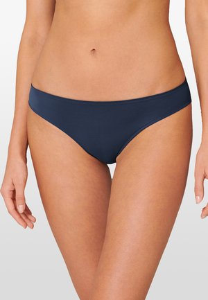 Navy blue bikini bottoms with a smooth, stretchy fabric and minimal detailing. Features a low-rise cut and elastic waistband.