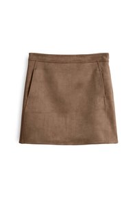 Brauner Wildleder-Minirock mit glatter Textur, ausgestattet mit zwei seitlichen Taschen und gestickten Details entlang der Taille und dem Saum.