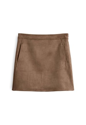 Brauner Wildleder-Minirock mit glatter Textur, ausgestattet mit zwei seitlichen Taschen und gestickten Details entlang der Taille und dem Saum.