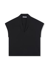 Top nero a maniche corte con scollatura a V, realizzato in tessuto morbido. Il design presenta una vestibilità comoda e uno stile minimalista senza motivi.