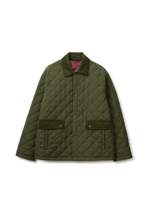 Gesteppte olivgrüne Jacke mit Druckknöpfen, zwei Frontklappentaschen, vertikalen Seitentaschen und einem kontrastierenden Kragen mit gemustertem Innenfutter.