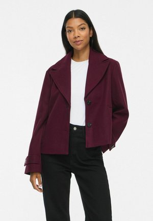 Donna che indossa una giacca viola scuro con bottoni sopra una camicia bianca e pantaloni neri, in piedi davanti a uno sfondo bianco uniforme.