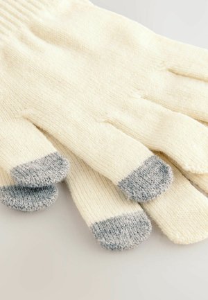 Light beige gloves with gray tips on fingers placed together on a neutral background, emphasizing texture and design details.