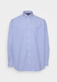 Camicia button-up a righe blu e bianche con colletto, maniche lunghe e piccolo logo sul petto, realizzata in cotone.