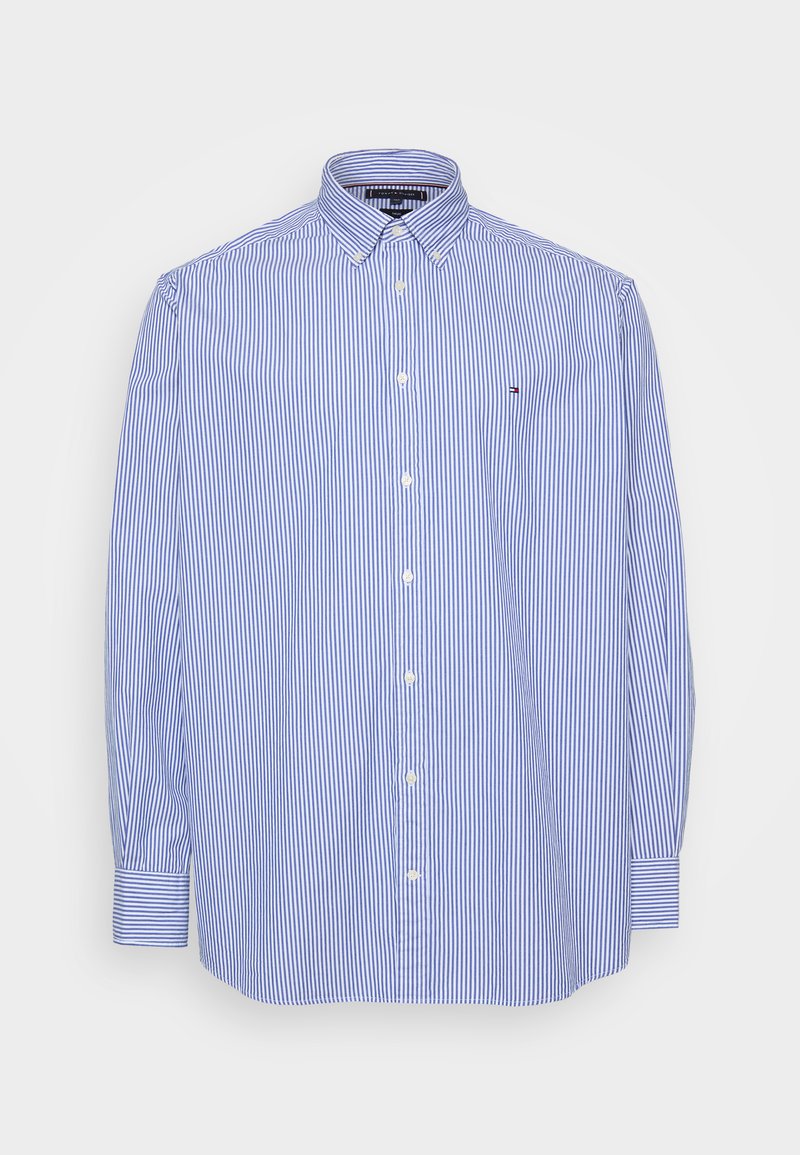 Camicia button-up a righe blu e bianche con colletto, maniche lunghe e piccolo logo sul petto, realizzata in cotone.