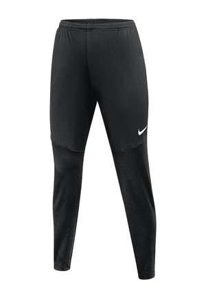Pantalon de sport noir avec jambes fuselées et taille élastique, arborant un logo Nike blanc sur la partie supérieure de la cuisse gauche.