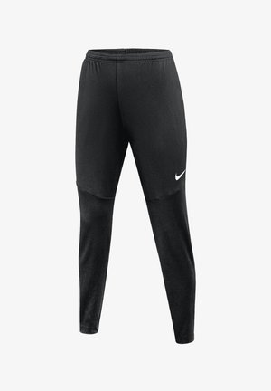Schwarze Sporthose mit zulaufenden Beinen und elastischem Bund, mit einem weißen Nike-Logo auf dem oberen linken Oberschenkel.
