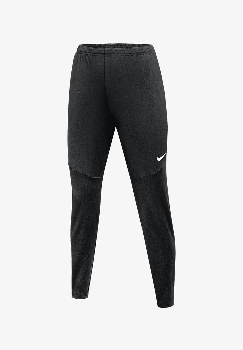 Schwarze Sporthose mit zulaufenden Beinen und elastischem Bund, mit einem weißen Nike-Logo auf dem oberen linken Oberschenkel.