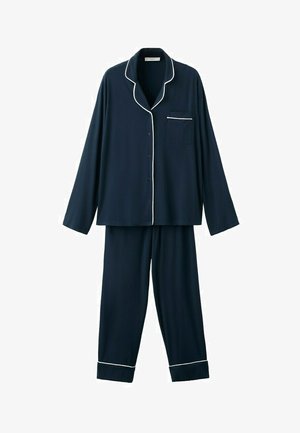 Haut de pyjama boutonné à manches longues bleu marine et pantalon assorti avec piping blanc sur le col, la poche, les poignets et les bas de pantalon.