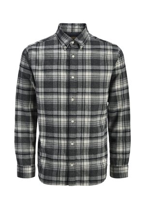 Camicia a quadri con maniche lunghe e bottoni, nei colori nero, grigio e bianco, con colletto arrotondato e tessuto in morbido flanella.