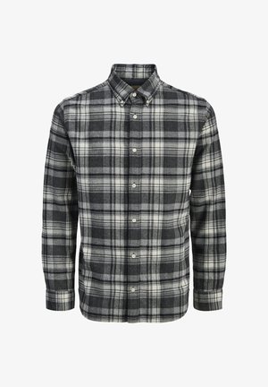 Langærmet, ternet skjorte med knapper i sort, grå og hvid, med rundet krave og blød flanneltekstur.