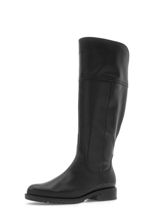 Hoher schwarzer Lederstiefel mit niedrigem Absatz und runder Spitze, Seitenansicht auf weißem Hintergrund.