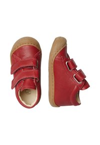 Scarpe in pelle rossa con due cinturini in Velcro, suole in gomma beige, punta arrotondata e suola texture per una migliore aderenza. Fodera interna morbida.