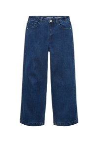 Jean denim bleu foncé à jambes larges avec poches avant, passants de ceinture, fermeture boutonnée et taille mi-haute.