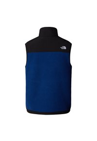 Niebieska kamizelka z polaru z czarną górną częścią, wysokim kołnierzem i logo z tyłu. Miękka tekstura i bezrękawnikowy design, idealny do noszenia warstwowo.