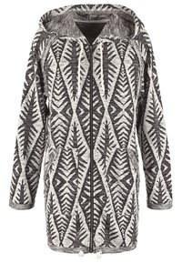 Langærmet hættetrøje med sorte og hvide geometriske bladmønstre, frontlynlås og to forlommer med snøre i kanten.