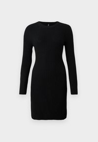 Robe noire ajustée en maille côtelée à manches longues, avec encolure ronde, ourlet longueur genou et lignes verticales texturées.