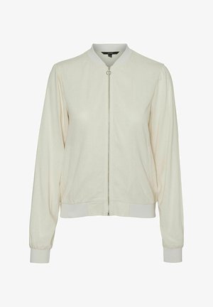 Kremfarget bomberjakke med frontglidelås, ribbestrikkede mansjetter og krage. Glatt stoff med subtil tekstur, med sidelommer.