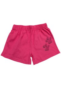 Shorts di cotone rosa con cintura elastica, caratterizzati da un design con impronta di zampa nera sul lato destro inferiore. Tessuto liscio e leggero.