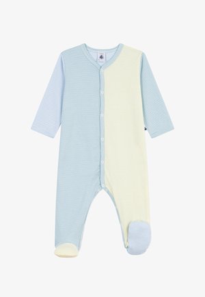 Bodysuit pour bébé à manches longues en bleu pastel et jaune, à fines rayures, avec des boutons-pression sur le devant et des pieds recouverts.