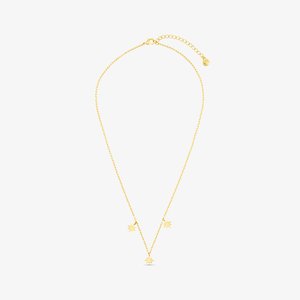 Gouden halsketting met een delicate schakel en drie stervormige hangers, een langwerpig V-vormig ontwerp en een verstelbare sluiting.