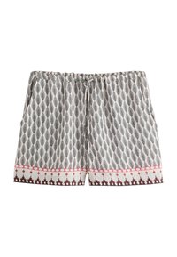 Leichte gemusterte Shorts mit einem Farnblatt-Design in Schwarz und Weiß. Sie verfügen über einen elastischen Bund, einen Kordelzug und eine dekorative Paspel.