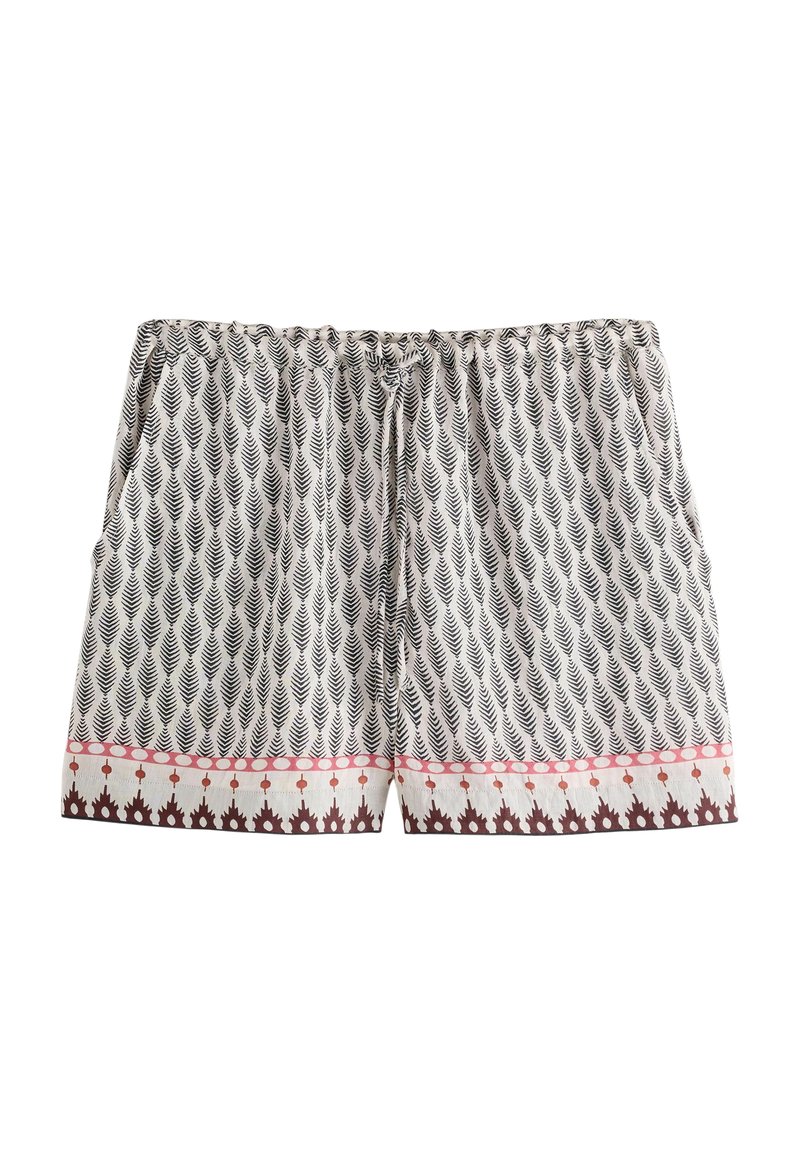 Leichte gemusterte Shorts mit einem Farnblatt-Design in Schwarz und Weiß. Sie verfügen über einen elastischen Bund, einen Kordelzug und eine dekorative Paspel.