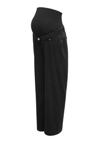 Sorte mødrejeans med elastisk høj talje og knaplukning, designet til komfort og støtte til maven under graviditeten.