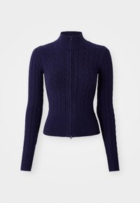 Navy cable-knit zip-up sweater with a high neckline, ribbed hem, and long sleeves. Features textured patterns throughout the body.