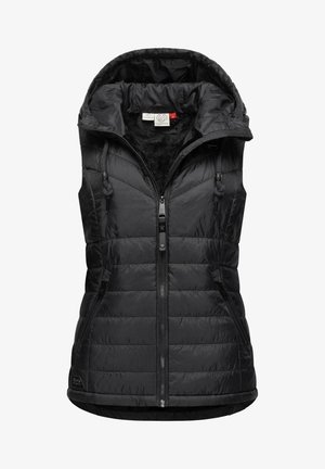 Gilet trapuntato nero con chiusura a zip, cappuccio e tasche laterali. Presenta un'esterno liscio e lucido con cuciture diagonali trapuntate.