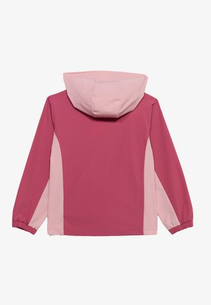 Kinder-Kapuzenjacke mit langen Ärmeln in Dunkelrosa mit hellrosa Einsätzen an den Seiten und an der Kapuze, elastische Bündchen, von hinten gezeigt.