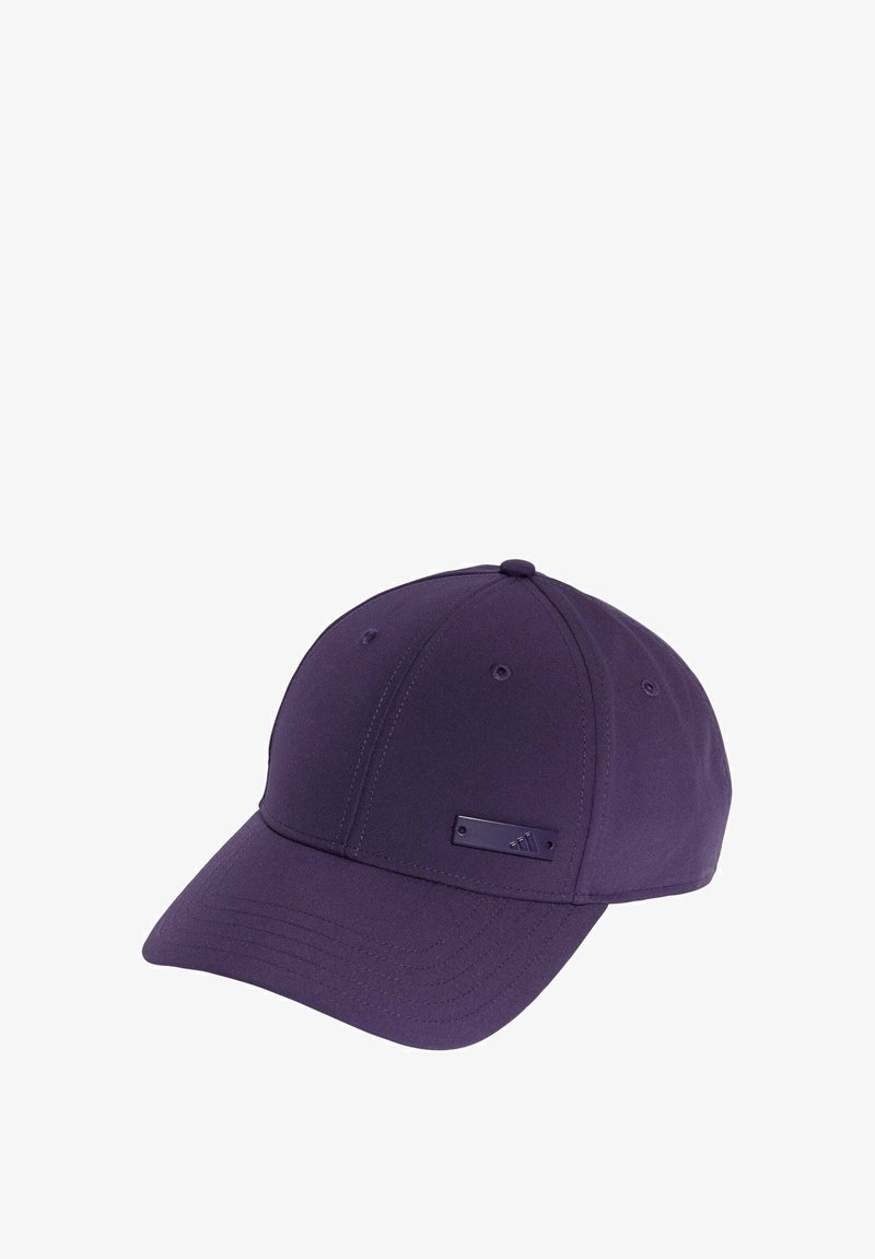 Purple baseball cap with a curved brim, made of smooth fabric. Features a rectangular logo plaque on the front and ventilation eyelets.