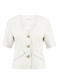 Blazer blanc à manches courtes avec col en V, trois boutons beige sur le devant et deux poches à rabat à l'avant.