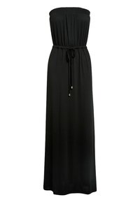 Robe maxi noire sans bretelles avec un corsage élastiqué et une taille à cordon ajustable. Conçue en tissu léger, elle présente un design longueur au sol.