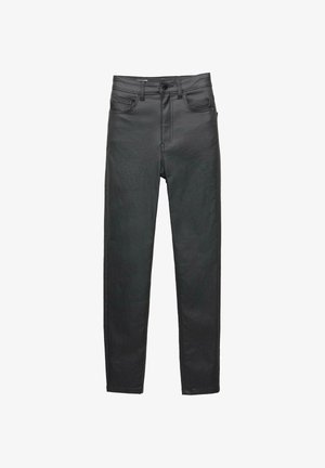 Black leather-look pants with a slim fit, mid-rise waist, five pockets, and contrast stitching. Smooth texture with a contemporary design.