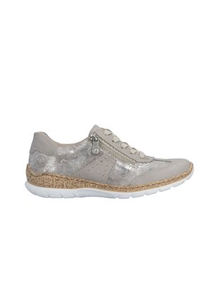 Light gray casual sneaker with side zipper, lace-up front, speckled midsole, and white rubber outsole.