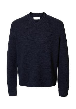 Pleteni tamnoplavi pulover s V-izrezom, teksturiranom površinom i dugim rukavima. Ima rebrasti ovratnik i manžete, te opušteni kroj.