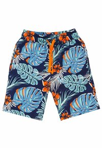 Bañadores al estilo hawaiano en azul marino con grandes hojas turquesas y acentos naranjas. Cuenta con una cintura elástica y un cordón ajustable.