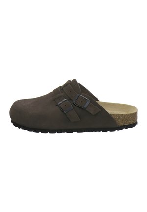 Brauner Wildleder-Slipper mit zwei verstellbaren Schnallenriemen und Kork-Fußbett, mit schwarzer strukturierter Sohle.