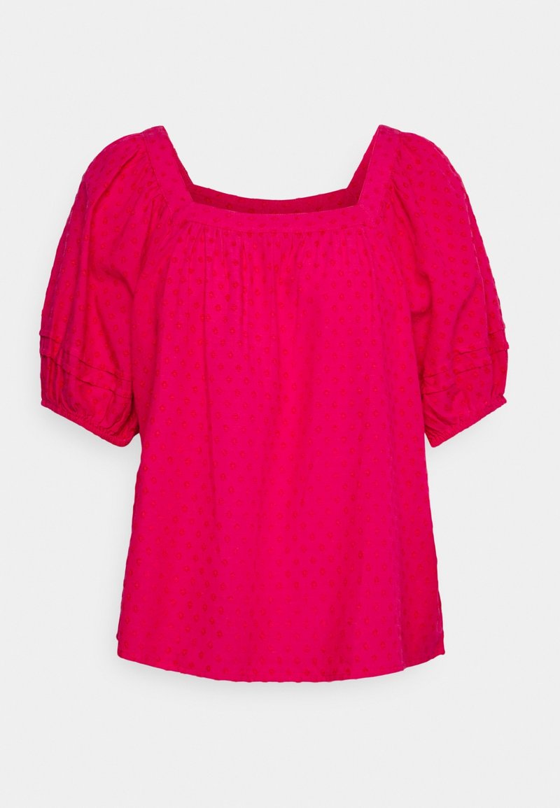 Pink, textured top with a square neckline, puffed sleeves, and gathered details at the neckline and sleeve cuffs. Lightweight fabric.