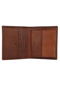 Portafogli in pelle marrone con più scomparti per carte, una tasca trasparente per l'ID e testo in rilievo. L'interno ha una texture liscia e cuciture minime.