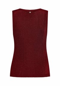 Gebreide mouwloze top in donkerrood, met een ribbelstructuur, ronde halslijn en geschulpte zoom. Achterkant met knopen detail bij de hals.