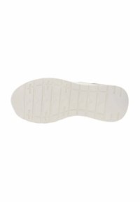 Suela de zapato de goma blanca con un patrón texturizado que presenta surcos y elevaciones para mejorar la tracción. Acabado suave con un ligero arco en la punta.