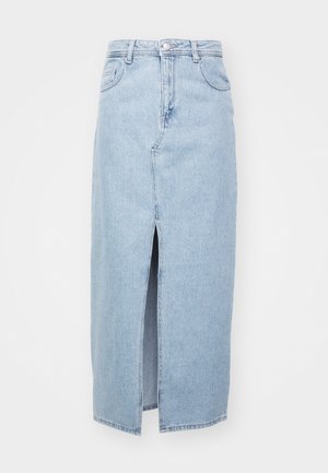 Világoskék farmer szoknya elülső sliccel, övhurkokkal és klasszikus öt zsebes dizájnnal. Simaság jellemzi, tiszta befejezéssel.