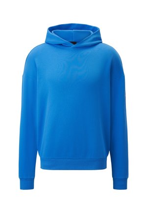 Sininen pitkähihaisen hupullinen paita, jossa resorit hihoissa ja helmassa, rento istuvuus ja huppu ilman näkyviä kiristysnauhoja valkoisella taustalla.