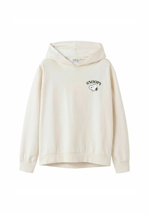 Kreemikaalune kapuutsiga särk, mis on valmistatud pehmest kangast, millel on eesmine tasku, soonikkoes varrukate otsad ja vasakul rinnal tikitud Snoopy graafika.