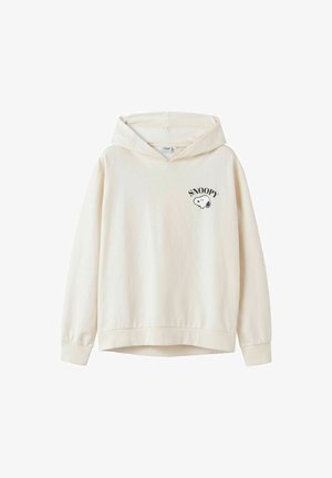 Kreemikaalune kapuutsiga särk, mis on valmistatud pehmest kangast, millel on eesmine tasku, soonikkoes varrukate otsad ja vasakul rinnal tikitud Snoopy graafika.