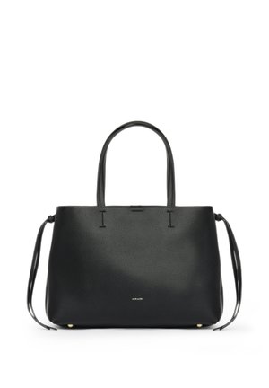 Borsa in pelle nera con doppi manici superiori, lacci laterali e piccoli piedini dorati, caratterizzata da un design minimalista e dal logo "MIRIADE" sul davanti.